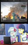  2016 amber_eyes beverage blue_eyes bonbon_(eg) bonbon_(mlp) carl_johnson computer detailed_background equestria_girls equine female fire food friendship_is_magic grand_theft_auto gun handgun hi_res horn horse human inside jewelry laptop lyra_(eg) lyra_heartstrings_(mlp) mammal my_little_pony necklace pony ranged_weapon rockstar_games signature sitting sky smile standing the-butcher-x tongue tongue_out unicorn video_games weapon 