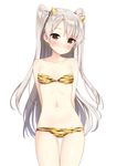  amatsukaze_(kantai_collection) animal_print arms_behind_back bikini blush brown_eyes horns kantai_collection long_hair looking_at_viewer masuishi_kinoto oni_horns silver_hair simple_background solo swimsuit tiger_print two_side_up white_background 