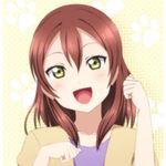  blush collarbone hoshizora_rin's_mother kazuma_(theworld000021) looking_at_viewer love_live! love_live!_school_idol_project lowres official_style open_mouth paw_pose red_hair short_hair smile solo yellow_eyes 