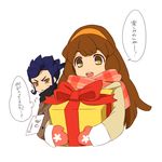  1girl brown_eyes brown_hair christmas gift hairband inazuma_eleven_(series) inazuma_eleven_go inazuma_eleven_go_chrono_stone long_hair mittens nanobana_kinako no_pupils open_mouth orange_hairband scarf sekina simple_background tsurugi_kyousuke upper_body white_background 