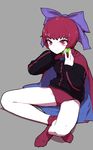  buruma cape full_body grey_background hair_ribbon long_sleeves no_shoes pink_eyes red_hair red_legwear ribbon sekibanki shirt short_hair simple_background sitting smile socks solo thupoppo touhou 