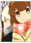  1girl bare_tree border brown_eyes brown_hair hairband hakuryuu_(inazuma_eleven) inazuma_eleven_(series) inazuma_eleven_go inazuma_eleven_go_chrono_stone looking_at_viewer nanobana_kinako no_pupils orange_hairband outdoors profile red_eyes scarf sekina smile tree 