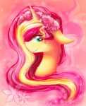  2015 abstract_background chanceyb equestria_girls equine female feral green_eyes hair horn looking_at_viewer mammal multicolored_hair my_little_pony portrait smile solo sunset_shimmer_(eg) two_tone_hair unicorn 