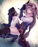  armor armored_boots blonde_hair blue_eyes boots breasts cleavage collarbone dutch_angle flower gauntlets granblue_fantasy hair_flower hair_ornament hairband holding holding_sword holding_weapon jeanne_d'arc_(granblue_fantasy) lily_(flower) long_hair long_legs low-tied_long_hair medium_breasts one_knee ryuinu solo sword thigh_boots thighhighs thighs unsheathed weapon 