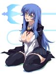  absurdres blue_hair breasts cape cleavage etsuzan_jakusui etuzan_jakusui fang green_eyes highres large_breasts long_hair sitting solo sylpheed thighhighs wariza zero_no_tsukaima 