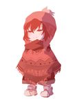  =_= alternate_costume androgynous blush bobblehat brown_hair caribun clenched_hand closed_eyes expressionless frisk_(undertale) full_body hat poncho scarf shoes shorts simple_background solo standing undertale white_background 