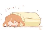  blanket blush_stickers brown_hair chibi closed_eyes commentary_request fang hair_ornament hairclip hanomido ikazuchi_(kantai_collection) kantai_collection open_mouth outstretched_arms rolled setsubun solo translated 
