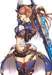  :d armor armored_boots beatrix_(granblue_fantasy) boots breasts brown_eyes brown_hair cleavage cleavage_cutout cowboy_shot ears finger_to_mouth glowing glowing_sword glowing_weapon granblue_fantasy head_tilt highres holding holding_weapon long_hair looking_at_viewer medium_breasts navel open_mouth ponytail sakaokasan shorts shoulder_armor showgirl_skirt simple_background smile solo spaulders sword thighhighs weapon white_background 