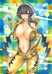  artist_name bare_shoulders biting black_hair blue_eyes blush breast_press breasts center_opening collarbone commentary_request contrapposto covering_nipples finger_biting full-length_zipper headphones hood hoodie kamitsure_(pokemon) large_breasts looking_at_viewer marker_(medium) naked_hoodie navel pokemon pokemon_(game) pokemon_bw2 short_hair_with_long_locks sidelocks solo standing takecha traditional_media unzipped zipper 