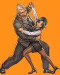  1girl :d beard closed_eyes dancing elf facial_hair formal glasses green_hair grey_hair high_heels necktie open_mouth original pantyhose pointy_ears short_hair size_difference smile unamused yamamoto_shikaku 