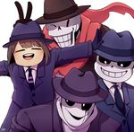  bone child clothed clothing fedora gaster gloves hair hat hi_res human invalid_tag kiatokid male mammal monster necktie not_furry one_eye_closed papyrus_(undertale) protagonist_(undertale) sans_(undertale) scarf skeleton smile suit undead undermafia undertale video_games wink young 