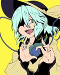  aqua_hair blouse bow constricted_pupils fangs flat_color green_eyes hand_gesture hands_up hat hat_bow komeiji_koishi long_sleeves looking_at_viewer open_mouth shaded_face shirt short_hair simple_background solo teeth tenkomori_(bug_kura) third_eye tongue touhou upper_body wide_sleeves yellow_background yellow_shirt 