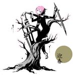  1other androgynous bangs barefoot cherry_blossoms crona_(soul_eater) dress monochrome pink_hair ragnarok_(demon_sword) short_hair simple_background soul_eater spot_color sword tree weapon white_background 