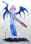  1other :p androgynous bangs blood bloody_weapon crona_(soul_eater) dress looking_at_viewer pink_eyes pink_hair ragnarok_(demon_sword) short_hair simple_background soul_eater sword tongue tongue_out traditional_media watercolor_(medium) weapon wings 