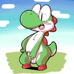  2016 7_(artist) animated anthro balls blush bounce circumcised clothing cloud drxpears erection footwear green_skin humanoid_penis lemon_smoothie loop male mario_bros masturbation nintendo nude open_mouth outside penile_masturbation penis shoes simple_background solo standing tailwag toony video_games yoshi 