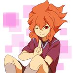  inazuma_eleven inazuma_eleven_(series) kirigakure_saiji looking_at_viewer male_focus one_eye_closed orange_hair red_eyes sekina sengoku_igajima soccer_uniform solo sportswear 