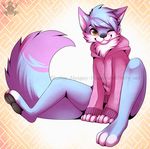  2015 anthro blue_fur bottomless canine clothed clothing distracting_watermark fox fur goji hoodie looking_at_viewer male mammal one_eye_closed sitting slushie-nyappy-paws smile solo watermark 