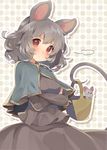 animal_ears basket blush capelet crossed_arms grey_hair highres long_sleeves looking_at_viewer mouse mouse_ears mouse_tail nazrin polka_dot polka_dot_background red_eyes shirt short_hair skirt skirt_set solo tail tail_hold touhou usamata 