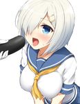  blue_eyes blush breasts commentary_request don_(29219) ehoumaki food hair_ornament hair_over_one_eye hairclip hamakaze_(kantai_collection) kantai_collection large_breasts makizushi open_mouth pleated_skirt school_uniform serafuku sexually_suggestive short_hair short_sleeves silver_hair simple_background skirt solo_focus sushi sweatdrop tongue tongue_out uniform v_arms white_background 