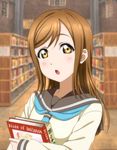  :o bangs blush book brown_eyes brown_hair holding holding_book kazuma_(theworld000021) kunikida_hanamaru library looking_at_viewer love_live! love_live!_sunshine!! official_style open_mouth parted_bangs school_uniform serafuku solo uranohoshi_school_uniform 