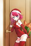 bare_shoulders blue_eyes box covered_navel dress elbow_gloves finger_to_mouth fur_trim gift gift_box gloves hat hiiragi_yuzu microdress multicolored_hair pink_hair red_gloves santa_costume santa_hat short_twintails solo tere thighhighs twintails two-tone_hair yuu-gi-ou yuu-gi-ou_arc-v zettai_ryouiki 