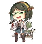  black_hair closed_eyes glasses hairband japanese_clothes kantai_collection kirishima_(kantai_collection) lino-lin lowres microphone nontraditional_miko open_mouth short_hair skirt smile solo teapot thighhighs 
