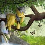  2015 arthropod butterfly chanceyb cutie_mark daring_do_(mlp) equine eyes_closed feathered_wings feathers female feral forest friendship_is_magic fur grey_hair hair hat insect mammal my_little_pony nature outside pegasus sleeping solo spread_wings tree waterfall wings yellow_feathers yellow_fur 