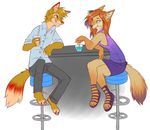  2015 ailuranthropy alteq anthro bar blue_eyes canine clothed clothing coyote crossed_legs cup duo eye_contact female fox male male/female mammal sitting skirt smile 