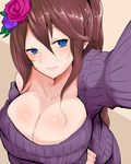  blue_eyes breasts brown_hair cleavage flower granblue_fantasy hair_flower hair_ornament han_(jackpot) large_breasts long_hair looking_at_viewer ribbed_sweater rosetta_(granblue_fantasy) smile solo sweater 