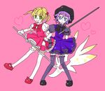  1girl 1other androgynous bangs blonde_hair blue_eyes blush bow cardcaptor_sakura cosplay crona_(soul_eater) dress frills hat heart kinomoto_sakura kinomoto_sakura_(cosplay) looking_at_viewer maka_albarn purple_hair ragnarok_(demon_sword) short_hair simple_background smile soul_eater soul_eater_(character) sword thighhighs twintails weapon wings 