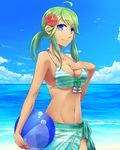  ahoge ball beachball bikini bird blue_eyes blue_sky breasts carrying_against_hip carrying_under_arm cloud cowboy_shot day flower front-tie_bikini front-tie_top green_hair groin hair_flower hair_ornament hand_on_breast hibiscus holding holding_ball medium_breasts midriff navel ocean original outdoors ponytail sarong seagull see-through side-tie_skirt sidelocks skirt sky smile solo standing sumimoto_ryuu swimsuit tan 
