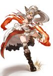  absurdres aliza_(granblue_fantasy) animal_ears ao_(aocooler) bare_shoulders boots dress erune fire granblue_fantasy hair_slicked_back highres long_hair open_mouth ponytail red_eyes silver_hair skirt solo very_long_hair 