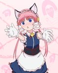  android animal_ears cat_ears clarion commentary_request gloves koukaku_no_pandora pink_hair solo triangle_mouth twintails white_gloves youjo_climber 