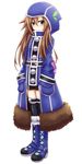  alternate_costume belt blush boots brown_hair cross-laced_footwear green_eyes hair_between_eyes hands_in_pockets hood hood_up hooded_jacket if_(choujigen_game_neptune) jacket lace-up_boots long_hair looking_at_viewer mizunashi_(second_run) neptune_(series) simple_background solo thighhighs white_background zettai_ryouiki 