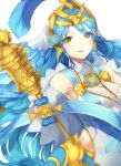  1girl aqua_(fire_emblem_if) bangs bare_shoulders blue_hair breasts cleavage commentary_request detached_collar dress elbow_gloves eyebrows_visible_through_hair eyes_visible_through_hair fire_emblem fire_emblem_heroes fire_emblem_if gloves hair_between_eyes holding holding_staff jewelry jurge long_hair looking_at_viewer medium_breasts necklace nintendo open_mouth smile solo staff veil white_dress yellow_eyes 
