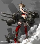  anchor between_breasts bomb breasts chain control_tower green_eyes hand_between_breasts high_heels highres kantai_collection large_breasts looking_to_the_side midriff mutsu_(kantai_collection) navel red_legwear rudder_shoes silhouette solo tagaya6592 thighhighs turret 