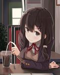  bendy_straw breast_rest breasts brown_eyes brown_hair buttons commentary cup drinking_glass drinking_straw hair_ornament hairclip highres jacket long_hair looking_at_viewer max_melon medium_breasts original red_ribbon ribbon school_uniform scrunchie smile solo upper_body 