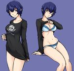  blue_bra blue_hair blue_panties blush bra breasts groin highres ittla medium_breasts no_pants panties persona persona_4 purple_background purple_eyes shirogane_naoto shirt_lift shirt_tug short_hair skull skull_and_crossbones smile solo underwear 