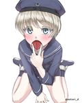  bad_id bad_pixiv_id blue_eyes blush clothes_writing cunnilingus_gesture dress finger_in_mouth hat highres kantai_collection notori_d open_mouth oral_invitation sailor_dress sailor_hat sexually_suggestive short_hair silver_hair sitting solo tongue tongue_out twitter_username wariza z1_leberecht_maass_(kantai_collection) 