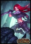  battle black_gloves blue_eyes border copyright_name dual_wielding fighting_stance forest gloves gubrutsky highres holding katarina_du_couteau league_of_legends long_hair midriff nature pauldrons red_hair rengar reverse_grip short_sword solo_focus sword vambraces weapon 