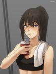  black_hair blue_eyes breasts drinking_straw highres ishido_natsuo long_hair noccu small_breasts smile solo sports_bra teppuu towel towel_around_neck twitter_username upper_body 