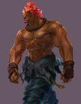  abs beads bengus clothes_around_waist dark_skin dark_skinned_male dougi fingerless_gloves gloves gouki male_focus muscle prayer_beads red_eyes red_hair sharp_teeth shirtless solo street_fighter teeth topknot 