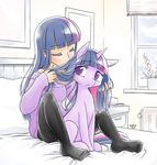  artist_name bangs bed blue_hair blunt_bangs blush closed_eyes commentary dated dual_persona eyelashes flower hand_in_hair holding holding_hair my_little_pony my_little_pony_friendship_is_magic nervous pantyhose personification pony purple_eyes reavz sidelocks smelling sweater twilight_sparkle unicorn 