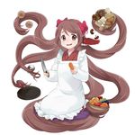  absurdly_long_hair artist_request basket bow bowl brown_eyes brown_hair carrot food fruit frying_pan futakuchi-onna futakuchi-onna_(youkai_hyakki-tan!) hair_bow highres holding japanese_clothes kadokawa kappougi kitchen_knife living_hair long_hair long_sleeves looking_at_viewer mushroom official_art prehensile_hair salt_shaker seiza simple_background sitting solo tongue very_long_hair white_background youkai_hyakki-tan! 