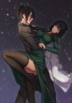  1girl arms_around_waist black_hair black_legwear breasts coat dancing dress evan_yang facial_mark folded_ponytail formal fubuki_(one-punch_man) green_eyes grey_eyes hand_on_another's_shoulder high_heels highres jewelry large_breasts leg_up necklace necktie one-punch_man onsoku_no_sonic short_hair smile suit tango thighhighs 