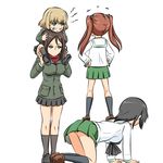  all_fours angry annoyed black_skirt blonde_hair blue_eyes breasts brown_hair carrying girls_und_panzer green_skirt hanging_breasts jacket kadotani_anzu katyusha kawashima_momo kogane_(staygold) long_hair long_sleeves lowres military military_uniform multiple_girls nonna ooarai_school_uniform pleated_skirt pravda_school_uniform school_uniform serafuku shirt short_hair shoulder_carry simple_background skirt standing_on_person twintails uniform white_background white_shirt 