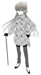  ahoge bad_id bad_pixiv_id black_gloves blue_eyes cane character_request closed_mouth genderswap genderswap_(mtf) gloves hair_between_eyes hand_on_hip high_heels holding legs_apart long_hair long_sleeves looking_at_viewer meitantei_conan monochrome pants plaid ro-a simple_background smile solo spot_color standing sweater turtleneck unmoving_pattern white_background 