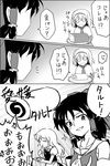  :d ^_^ alice_margatroid angry ascot bare_shoulders cake capelet closed_eyes d: dairi eating food food_on_face fork_in_mouth greyscale hair_tubes hairband hakurei_reimu kirisame_marisa monochrome multiple_girls open_mouth plate smile sparkle sweat swiss_roll touhou translated v-shaped_eyebrows you're_doing_it_wrong 