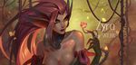  bare_shoulders breasts bug butterfly character_name choker cleavage collarbone facial_mark flower forehead_mark highres insect large_breasts league_of_legends lipstick long_hair makeup plant red_hair red_lipstick saturn_(satscarlet) solo thorns vines yellow_eyes yellow_sclera zyra 