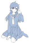  bad_id bad_pixiv_id bangs between_legs black_serafuku blouse blue closed_mouth collarbone eyebrows eyebrows_visible_through_hair full_body genderswap genderswap_(mtf) gradient_eyes hand_between_legs kneehighs long_hair long_sleeves looking_at_viewer magic_kaito meitantei_conan messy_hair monochrome multicolored multicolored_eyes nakamori_aoko no_shoes pleated_skirt ro-a school_uniform serafuku simple_background sitting skirt smile solo white_background 